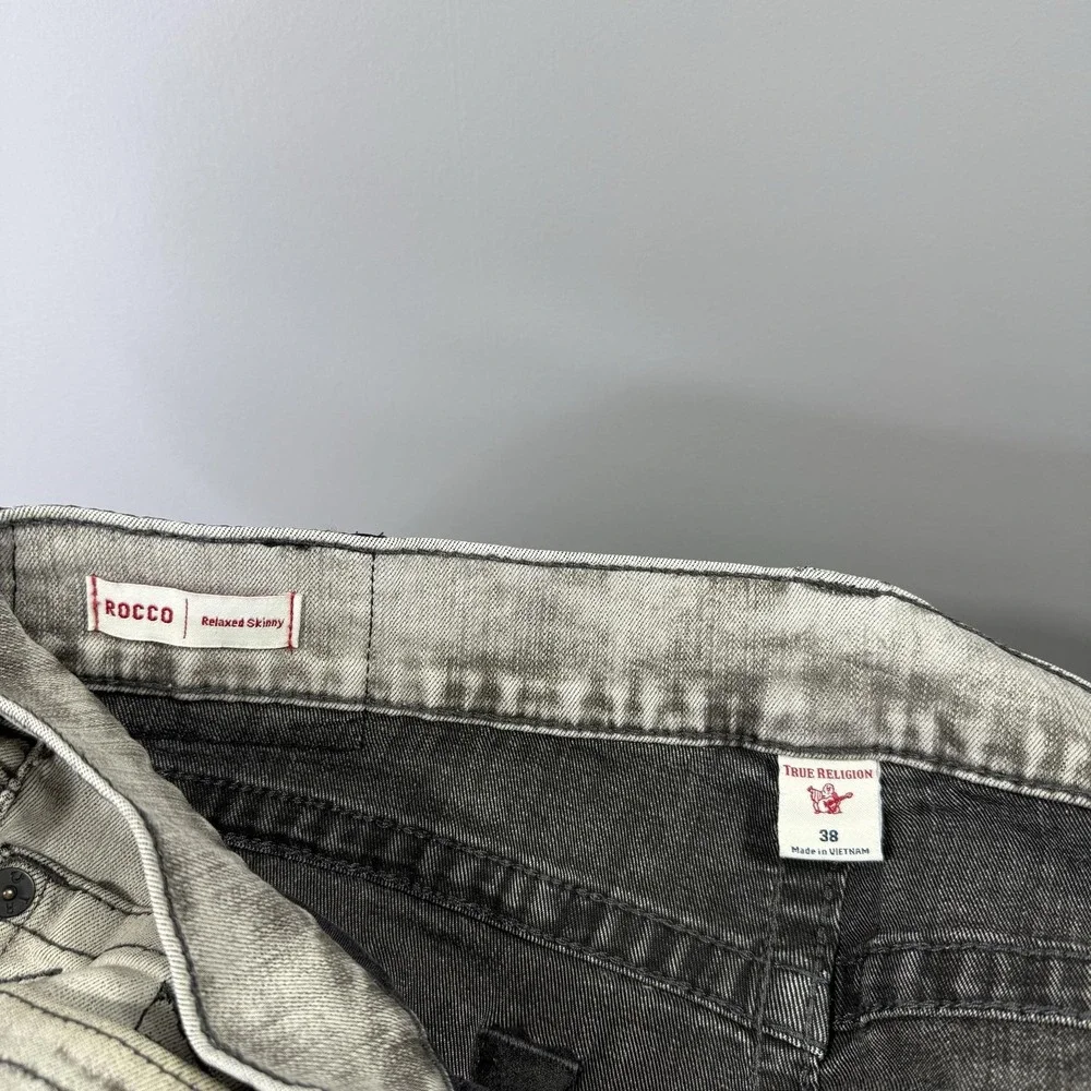 True Religion Rocco Jeans Mens 38x33 Gray Acid Wash Relaxed Skinny Moto Denim